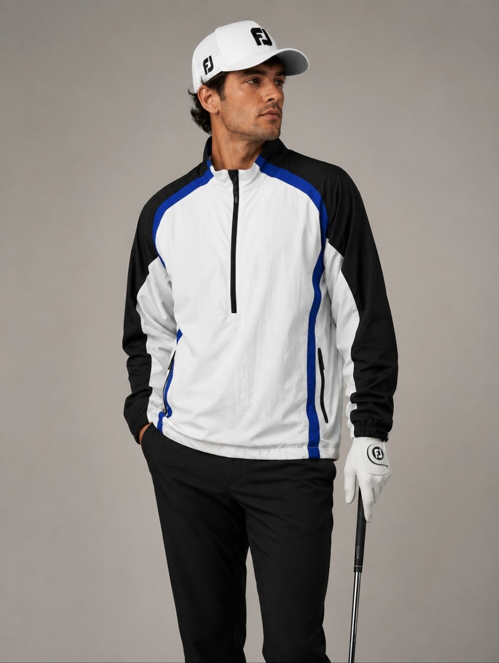 FootJoy 1/4 Zip Pullover Windbreaker Size L White Blue FJ Golf